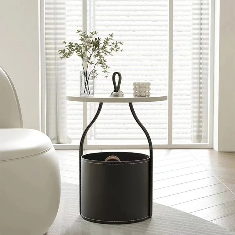 Contemporary Scandinavian Round Cylinder Drum Stainless Steel Sheet Saddle-Style Faux Leather Metal End Table 1-Tier For Living Room