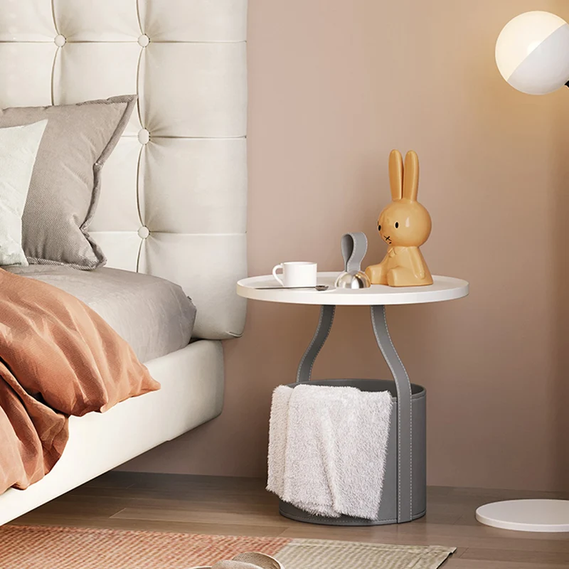 Contemporary Scandinavian Round Cylinder Drum Stainless Steel Sheet Saddle-Style Faux Leather Metal End Table 1-Tier For Living Room