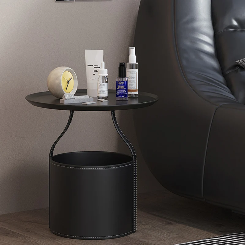 Contemporary Scandinavian Round Cylinder Drum Stainless Steel Sheet Saddle-Style Faux Leather Metal End Table 1-Tier For Living Room