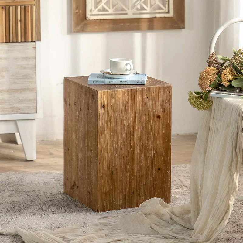 Traditional Vintage Fir Wood Cylinder Square Wood Grain End Table For Living Room