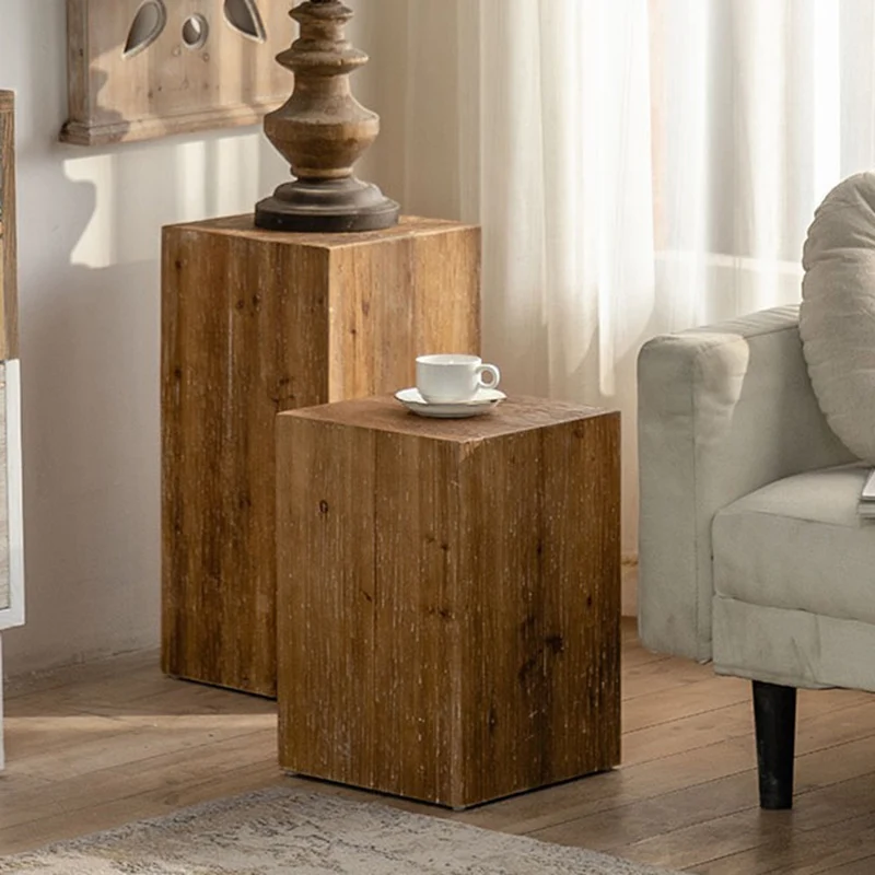 Traditional Vintage Fir Wood Cylinder Square Wood Grain End Table For Living Room