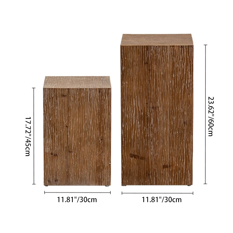 Traditional Vintage Fir Wood Cylinder Square Wood Grain End Table For Living Room