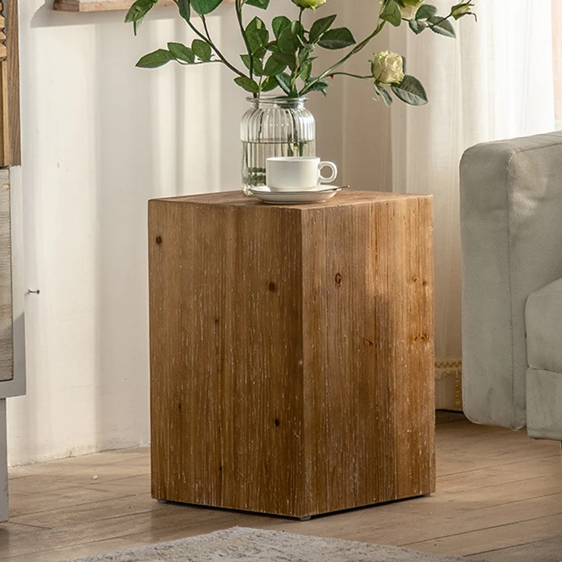 Traditional Vintage Fir Wood Cylinder Square Wood Grain End Table For Living Room