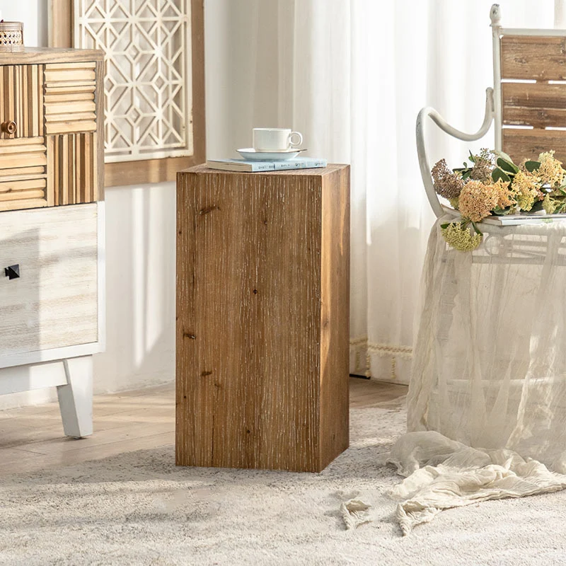 Traditional Vintage Fir Wood Cylinder Square Wood Grain End Table For Living Room