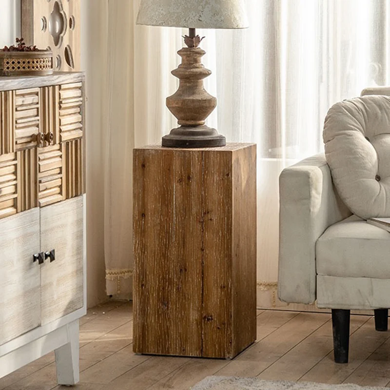 Traditional Vintage Fir Wood Cylinder Square Wood Grain End Table For Living Room