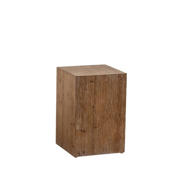Traditional Vintage Fir Wood Cylinder Square Wood Grain End Table For Living Room