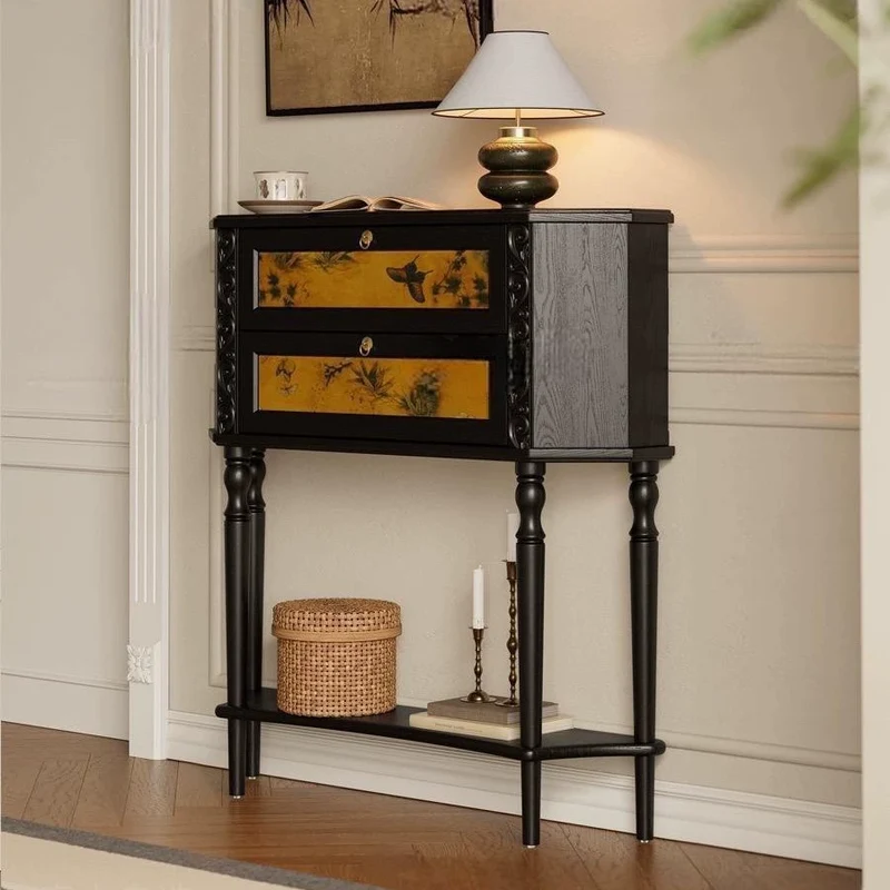 Traditional French Ash Wood Muslin Trapezoidal Carved Side Table 2-Cabinet For Entryway