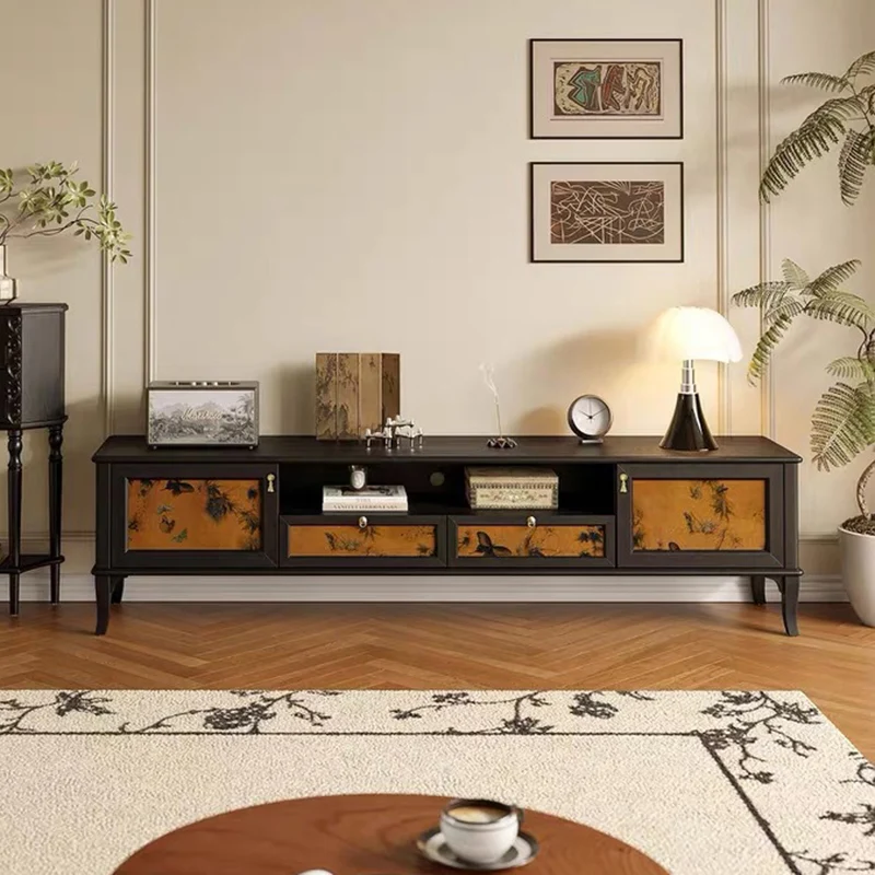 Traditional French Solid Wood Muslin Rectangular TV Stand 2-Cabinet Drawer For Living Room