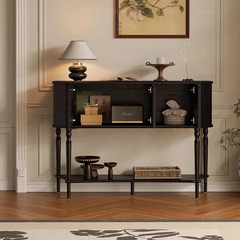 Traditional French Solid Wood Handmade Muslin Trapezoidal Carved Side Table 3-Cabinet For Entryway