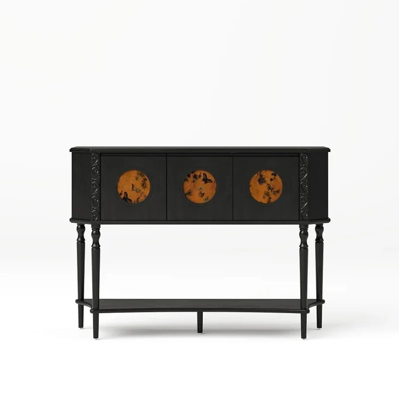 Traditional French Solid Wood Handmade Muslin Trapezoidal Carved Side Table 3-Cabinet For Entryway