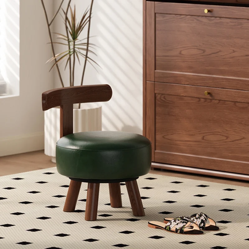 Contemporary Retro Faux Oil-waxed Leather Wood Sponge Round Low Stool Swivel Backrest For Living Room