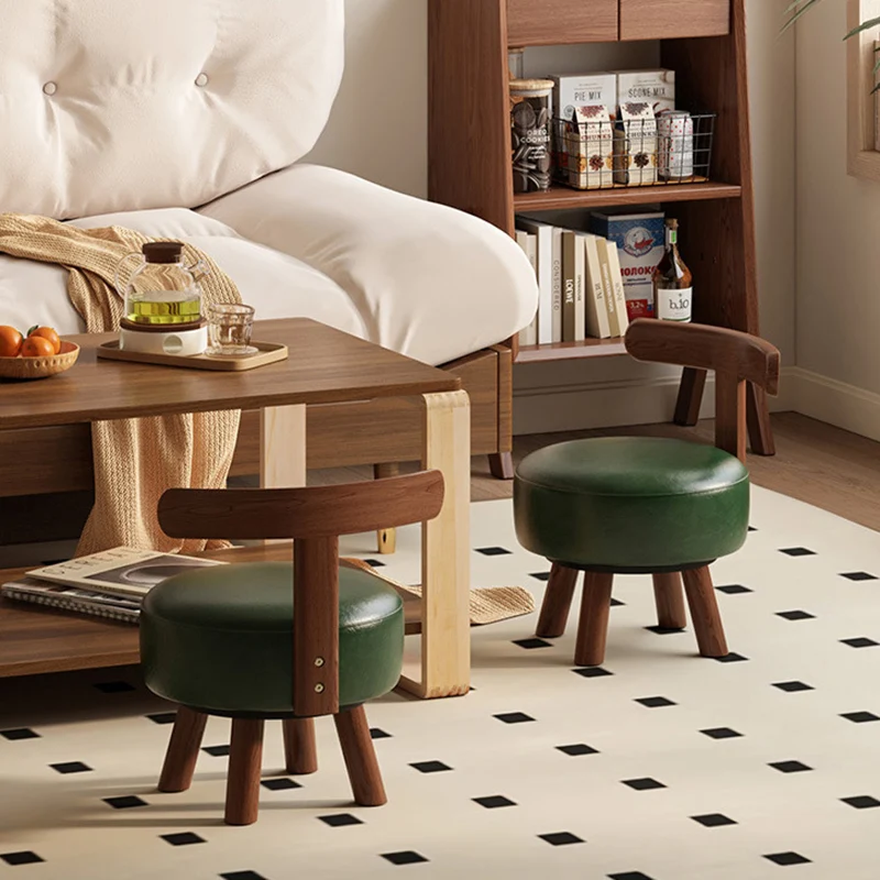 Contemporary Retro Faux Oil-waxed Leather Wood Sponge Round Low Stool Swivel Backrest For Living Room