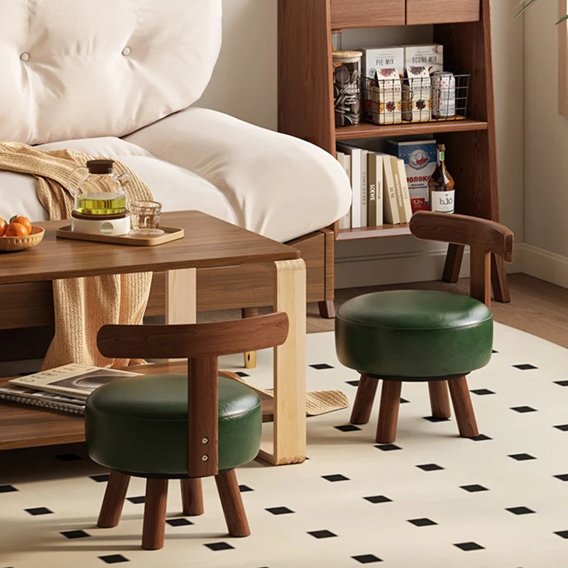 Contemporary Retro Faux Oil-waxed Leather Wood Sponge Round Low Stool Swivel Backrest For Living Room