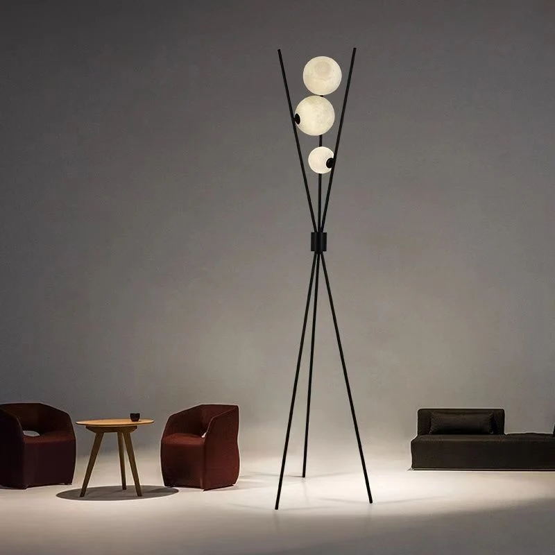 Contemporary Creative PLA 3D Moon Shade Iron Geometric Straight Line 3-Light Standing Floor Lamp For Living Room