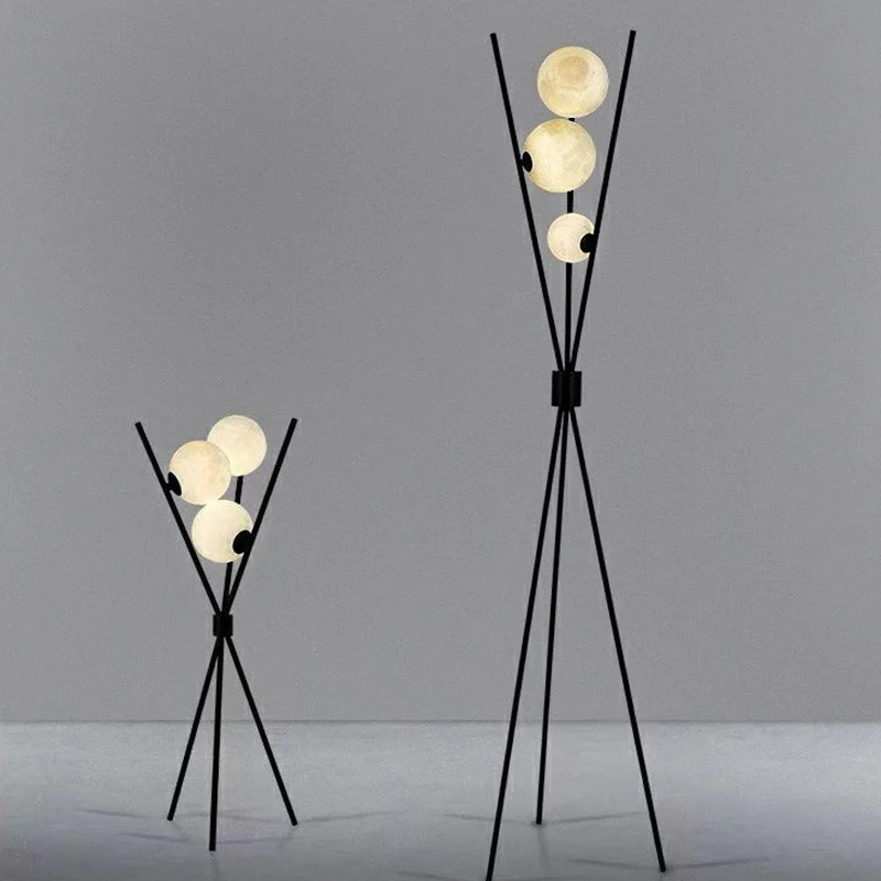 Contemporary Creative PLA 3D Moon Shade Iron Geometric Straight Line 3-Light Standing Floor Lamp For Living Room