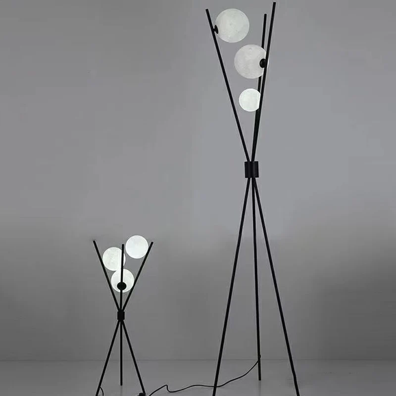 Contemporary Creative PLA 3D Moon Shade Iron Geometric Straight Line 3-Light Standing Floor Lamp For Living Room