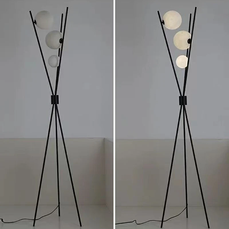 Contemporary Creative PLA 3D Moon Shade Iron Geometric Straight Line 3-Light Standing Floor Lamp For Living Room
