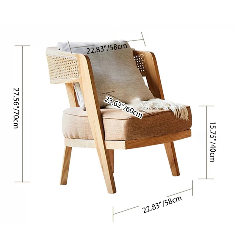 Contemporary Retro Ash Wood Frame Cotton & Linen Upholstery Rattan Weaving Arc Back Accent Chair For Living Room