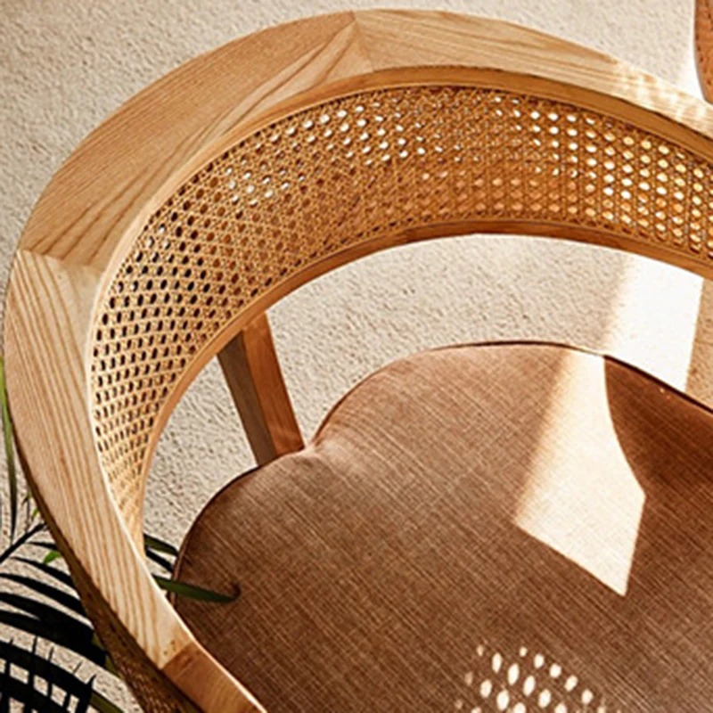 Contemporary Retro Ash Wood Frame Cotton & Linen Upholstery Rattan Weaving Arc Back Accent Chair For Living Room
