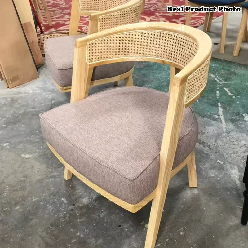 Contemporary Retro Ash Wood Frame Cotton & Linen Upholstery Rattan Weaving Arc Back Accent Chair For Living Room