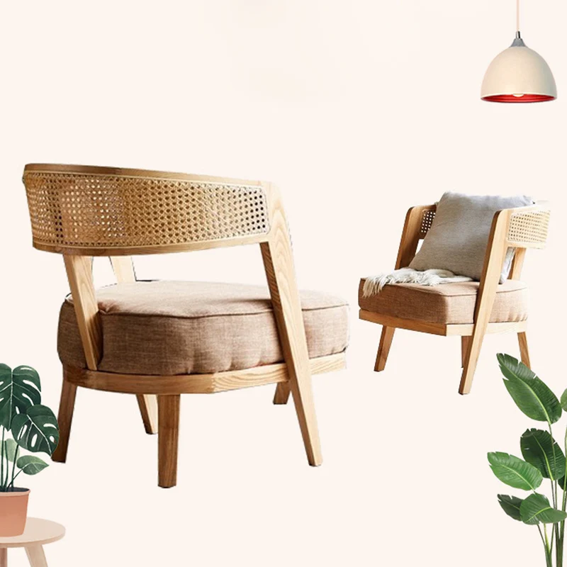 Contemporary Retro Ash Wood Frame Cotton & Linen Upholstery Rattan Weaving Arc Back Accent Chair For Living Room