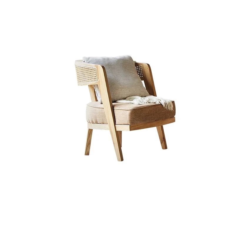 Contemporary Retro Ash Wood Frame Cotton & Linen Upholstery Rattan Weaving Arc Back Accent Chair For Living Room