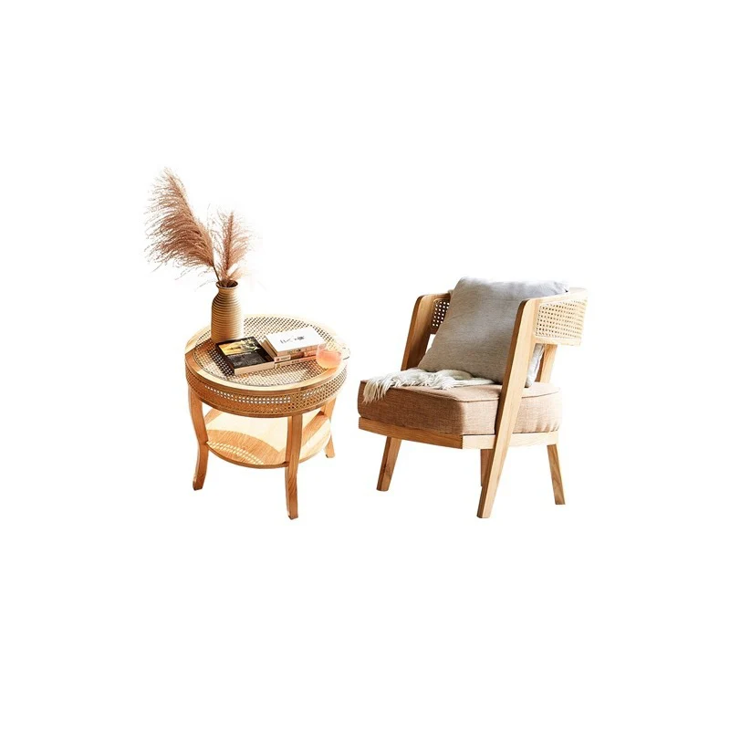 Contemporary Retro Ash Wood Frame Cotton & Linen Upholstery Rattan Weaving Arc Back Accent Chair For Living Room