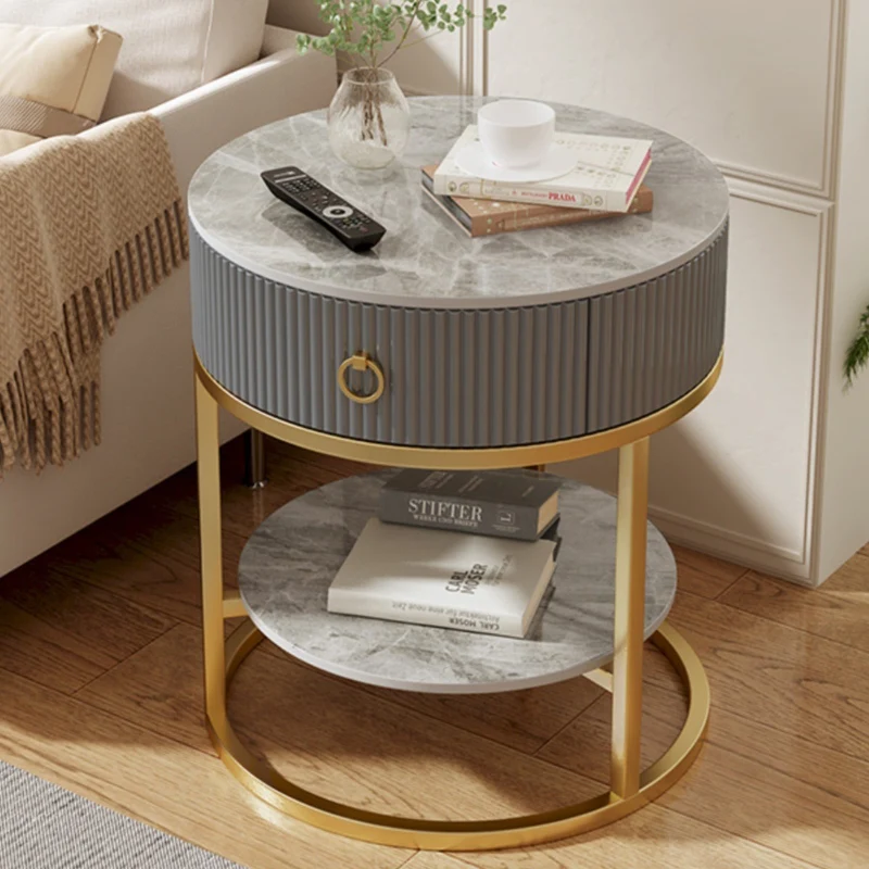 Modern Minimalist Round Cylinder Striped Rock Slab PP Carbon Steel End Table 1-Drawer 2-Tier For Living Room