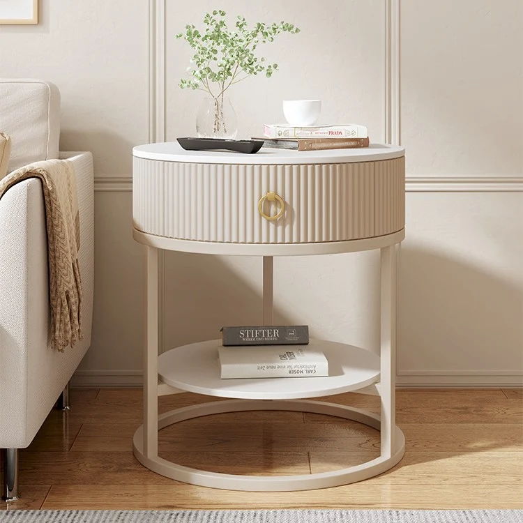 Modern Minimalist Round Cylinder Striped Rock Slab PP Carbon Steel End Table 1-Drawer 2-Tier For Living Room