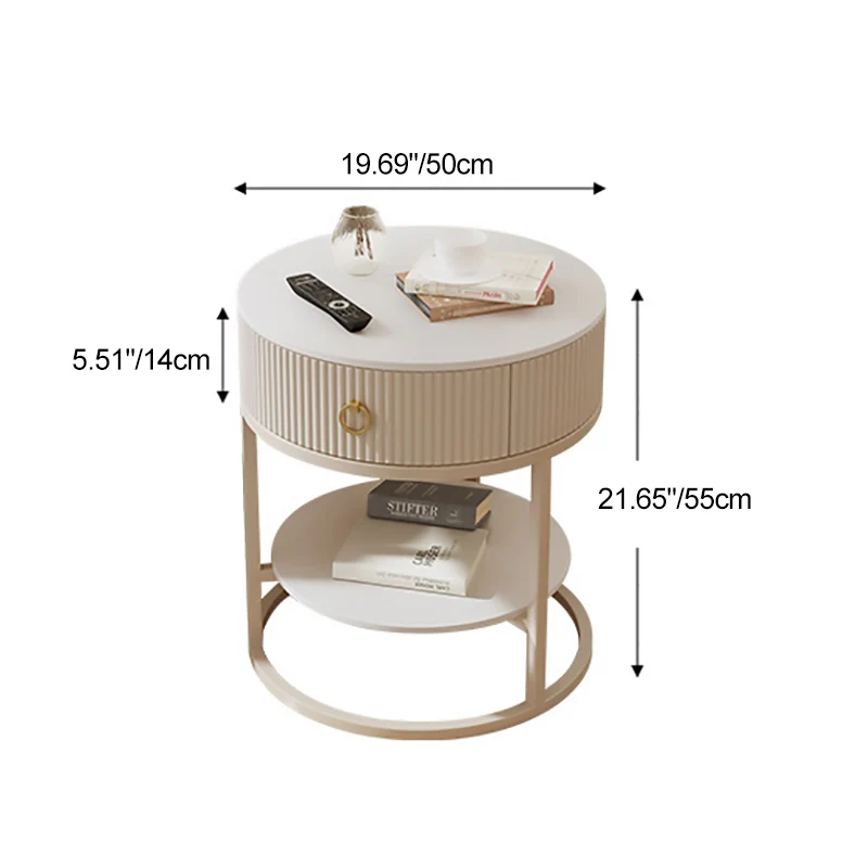 Modern Minimalist Round Cylinder Striped Rock Slab PP Carbon Steel End Table 1-Drawer 2-Tier For Living Room