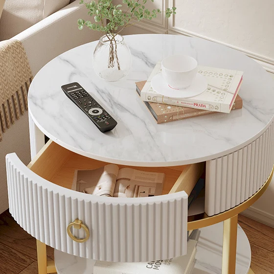Modern Minimalist Round Cylinder Striped Rock Slab PP Carbon Steel End Table 1-Drawer 2-Tier For Living Room