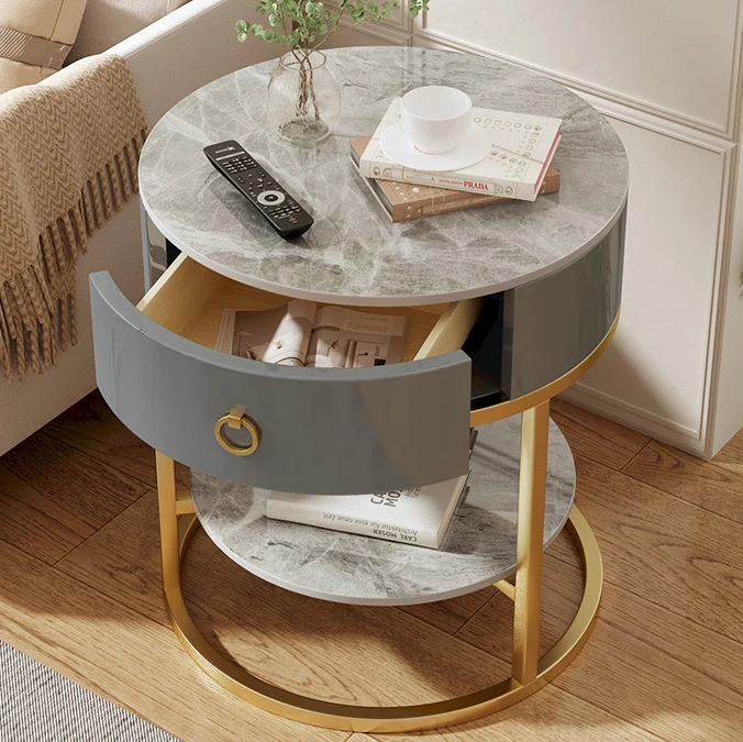 Modern Minimalist Round Cylinder Striped Rock Slab PP Carbon Steel End Table 1-Drawer 2-Tier For Living Room