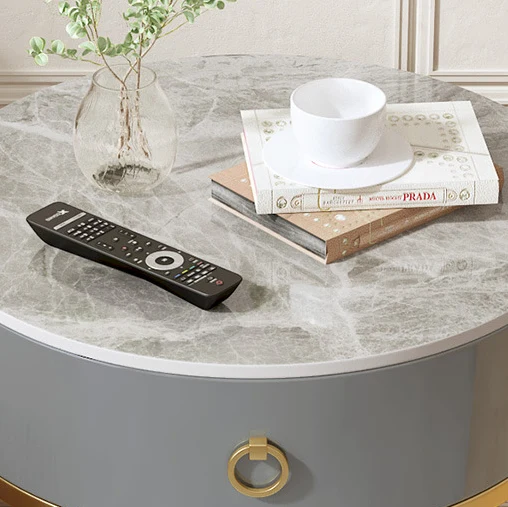 Modern Minimalist Round Cylinder Striped Rock Slab PP Carbon Steel End Table 1-Drawer 2-Tier For Living Room