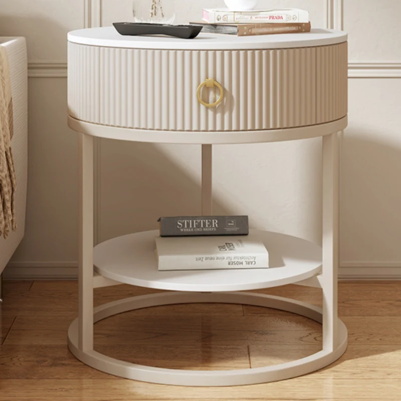 Modern Minimalist Round Cylinder Striped Rock Slab PP Carbon Steel End Table 1-Drawer 2-Tier For Living Room