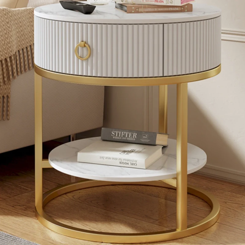 Modern Minimalist Round Cylinder Striped Rock Slab PP Carbon Steel End Table 1-Drawer 2-Tier For Living Room