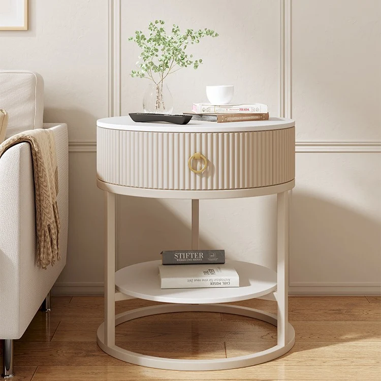 Modern Minimalist Round Cylinder Striped Rock Slab PP Carbon Steel End Table 1-Drawer 2-Tier For Living Room
