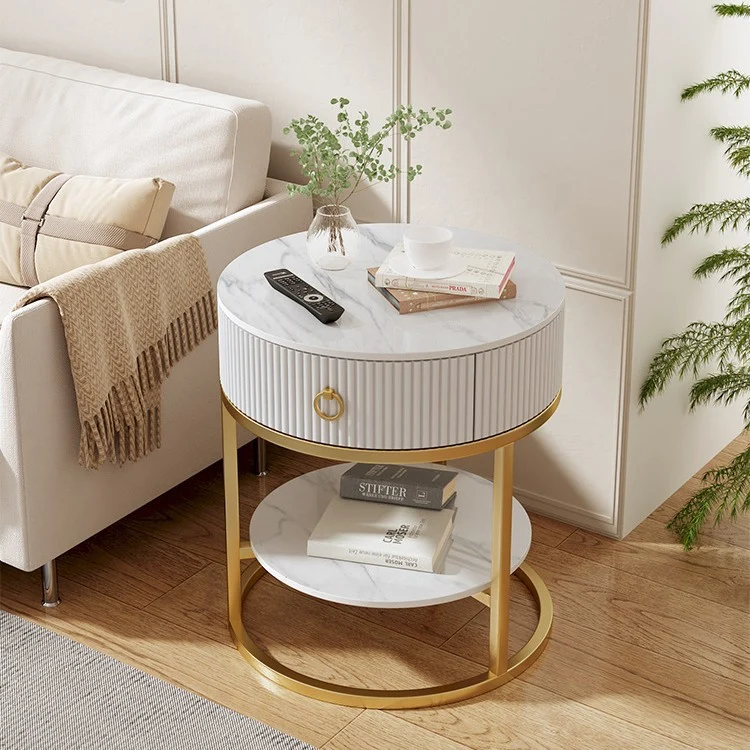 Modern Minimalist Round Cylinder Striped Rock Slab PP Carbon Steel End Table 1-Drawer 2-Tier For Living Room