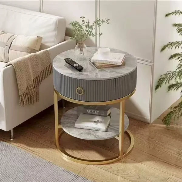 Modern Minimalist Round Cylinder Striped Rock Slab PP Carbon Steel End Table 1-Drawer 2-Tier For Living Room