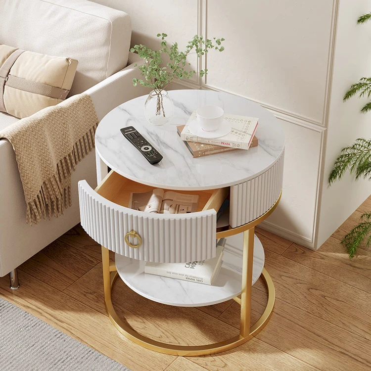 Modern Minimalist Round Cylinder Striped Rock Slab PP Carbon Steel End Table 1-Drawer 2-Tier For Living Room