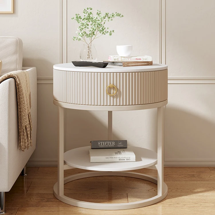 Modern Minimalist Round Cylinder Striped Rock Slab PP Carbon Steel End Table 1-Drawer 2-Tier For Living Room
