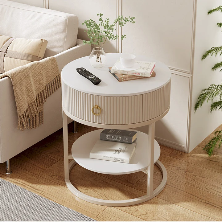 Modern Minimalist Round Cylinder Striped Rock Slab PP Carbon Steel End Table 1-Drawer 2-Tier For Living Room