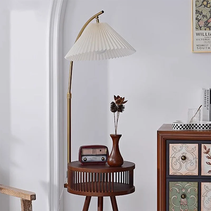 Contemporary Nordic Solid Wood Table Umbrella Fabric Lampshade Hardware 1 - Light Standing Floor Lamp For Living Room