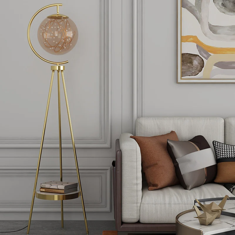 Contemporary Nordic Round Orb Baby's Breath Glass Lampshade Iron Base LED Standing Floor Lamp For Living Room