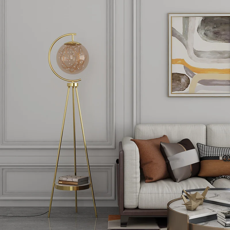 Contemporary Nordic Round Orb Baby's Breath Glass Lampshade Iron Base LED Standing Floor Lamp For Living Room