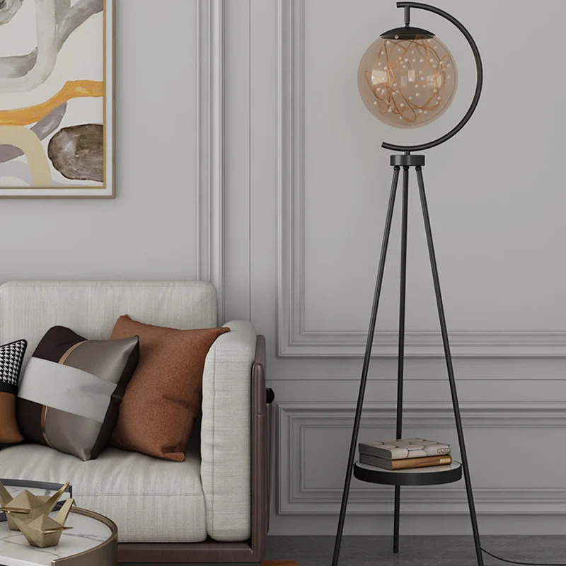 Contemporary Nordic Round Orb Baby's Breath Glass Lampshade Iron Base LED Standing Floor Lamp For Living Room
