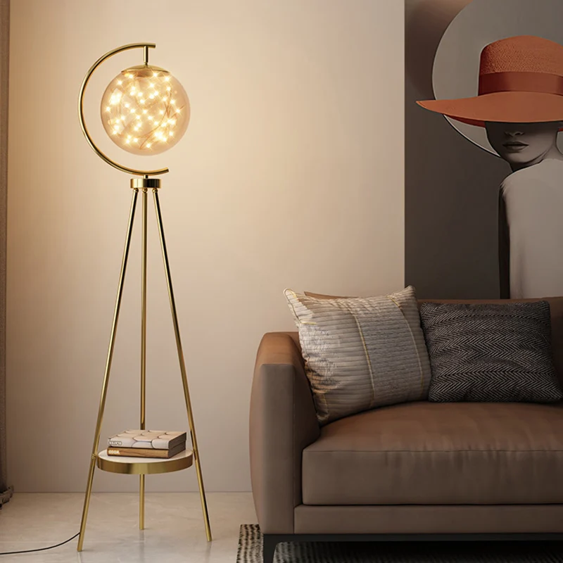 Contemporary Nordic Round Orb Baby's Breath Glass Lampshade Iron Base LED Standing Floor Lamp For Living Room