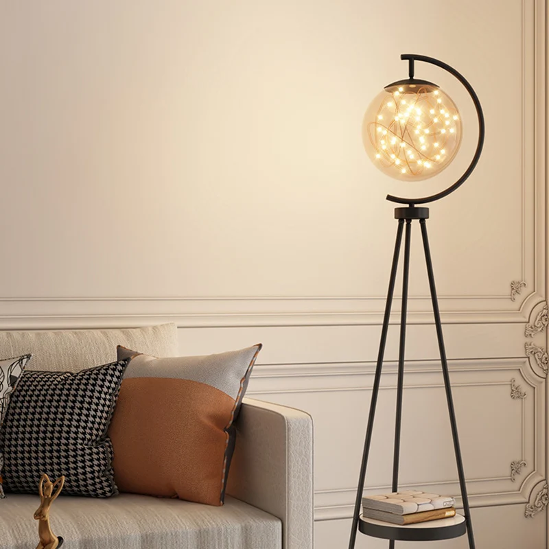 Contemporary Nordic Round Orb Baby's Breath Glass Lampshade Iron Base LED Standing Floor Lamp For Living Room
