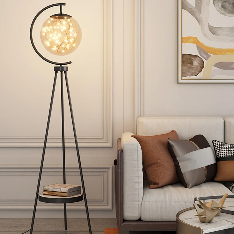 Contemporary Nordic Round Orb Baby's Breath Glass Lampshade Iron Base LED Standing Floor Lamp For Living Room
