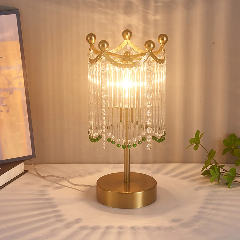 Traditional French Tassel Round Cylinder Metal Glass 1-Light Table Lamp For Bedroom