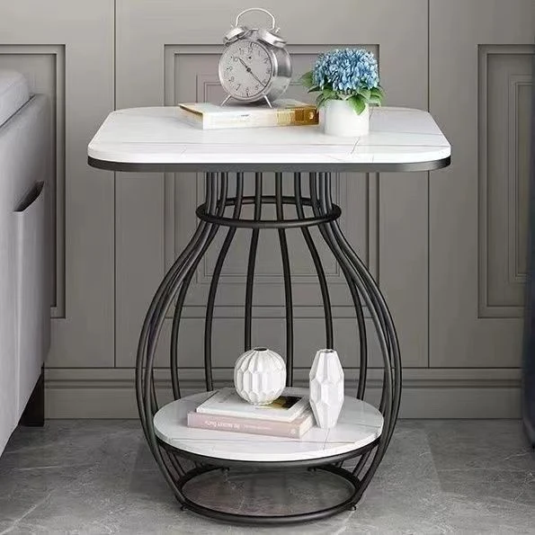 Modern Minimalist Round Oval Square Carbon Steel Rock Slab Side Table 2-Tier For Living Room